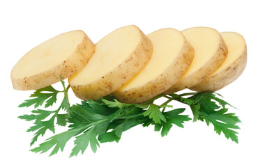 fresh sliced potato and green parsley isoalted on white background