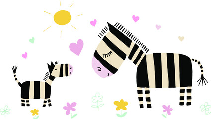 Cartoon zebras, mother and baby. Vector illustration. Isolated.