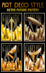 Art Deco Style Posters, Golden Cityscape, Flying Man, Dirigible Zeppelin, Winged Horse, Winged People, Retro Future Style Illustrations 