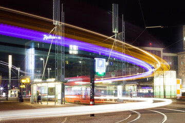 Tram station at night