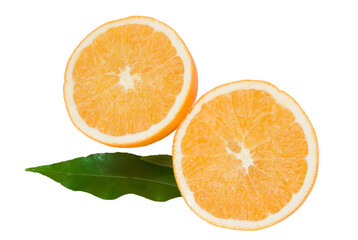 cropped orange with green leaves isolated on the white background