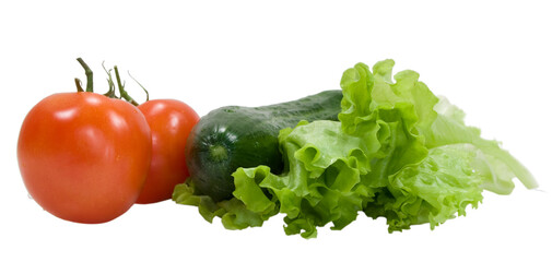 juicy tomatoes, lettuce, cucumber isolated on the white