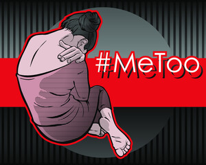 Woman Hashtag Metoo illustration trending social-media movement against sexual harassment. Woman sitting with her head bowed in a depressed pose. Template for banners.