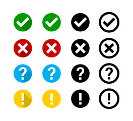 Checkmark cross question exclamation sign or mark. Isolated vector signs symbols. Checkmark icon set.  Flat vector collection of icons.  E
