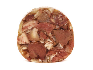 Slice of pork in aspic isolated on white
