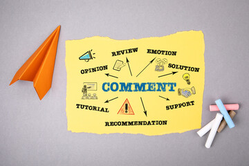 Comment. Opinion, review, support and tutorial concept. Text on note sheet, paper plane, symbol of gaining goals