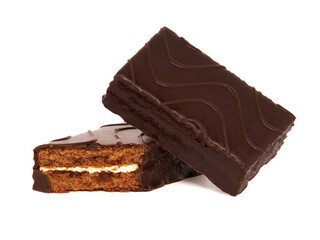 Chocolate cake bar covered with chocolate isolated on white