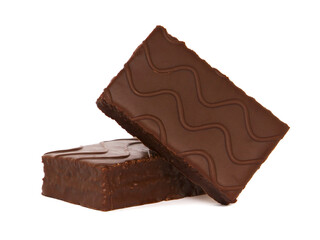 Chocolate cake bar covered with chocolate isolated on white