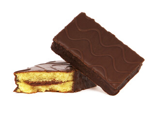 Chocolate cake bar covered with chocolate isolated on white