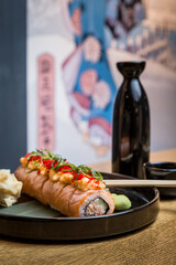 rolls with salmon on a table