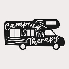'Camping is my Therapy' text with a  camper car shape