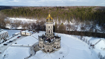 Aerial photo. Znamenskaya church in the village of Dubrovitsy. Moscow region, Russia