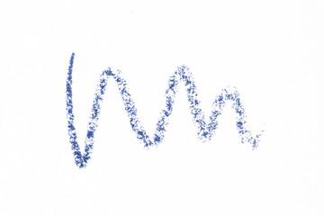 Eyeliner blue swatch isolated on white background. Eye contour stroke texture. Eye pencil colored squiggle. Eye liner curve trace. Beauty makeup cosmetic product sample.