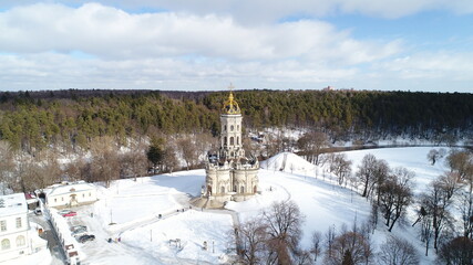 Aerial photo. Znamenskaya church in the village of Dubrovitsy. Moscow region, Russia