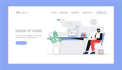 Flat vector concept illustration. Man freelancer work at home in laptop. Home office concept for landing page,flyer.