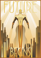 Retro Future Flying Man Art Deco Poster, Cityscape, Golden Rays 1920s, 1930s Style 