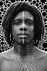 Portrait of young african man with dreadlocks and traditional face paint looking straight into the camera
