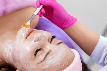 Beautician makes a face clay mask against acne on the face of a woman to rejuvenate the skin. Cosmetology treatment of problem skin on the face and body.