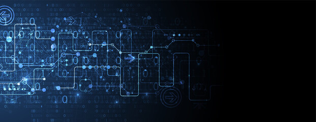 Abstract technology concept with binary code . Circuit board, high computer color background. Vector illustration with space for content, web - template, business tech presentation.