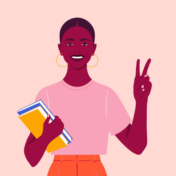 An African Girl Smiles And Shows A Victory Sign. Happy Student With Books. Hand Gesture. Vector Flat Illustration