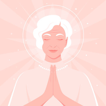 Prayer to God. Portrait of an elderly woman with her eyes closed. Vector flat illustrations