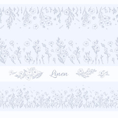 Linen seed and Flax flower on thin stem monochrome hand drawn sketch border