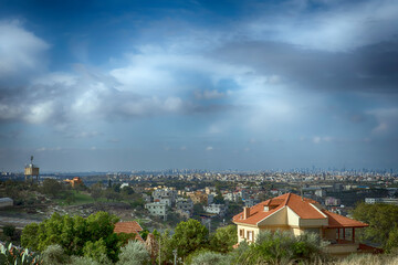Shomron Regional Council. Israeli settlement Shaarei Tikvah. View of Tel Aviv.