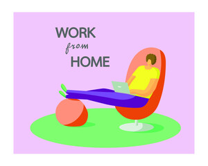 Vector graphics. The guy sits on a chair at home and works online.