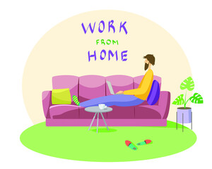 Vector graphics. A man sits on a sofa at home and works online.