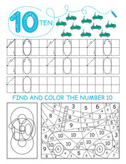 Write Numbers 10. Ten Tracing Worksheet with cars for boy. Preschool worksheet, practicing motor skills - tracing dashed lines.