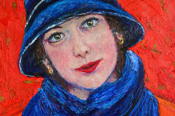 original oil painting. portrait beautiful girl. Ledy in blue hat on red