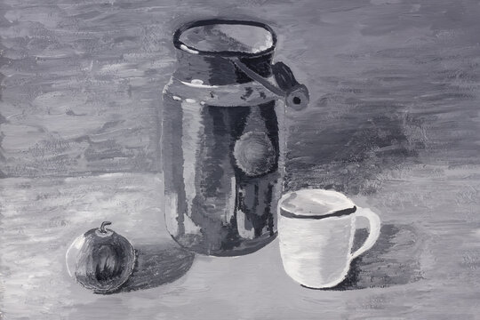 Grisaille. Still life can apple and cup