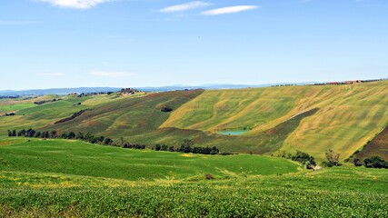 Fototapeta na wymiar natural landscape of the Crete Senesi near Asciano in the Tuscan countryside in Siena, Italy. The Crete Senesi are typical terrain features characterized by gullies, cliffs and biancane.