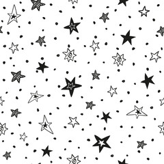 Doodle star confetti seamless pattern. Hand drawn stars background. Vector illustration for print, textile, paper.