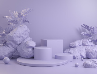 Abstract Violet Podiums Geometric Set With Rock And Plants Background 3d render