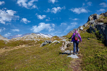 Naklejka na ściany i meble Happy women on hike to the Skogmo mountain in great summer weather, Nordland county