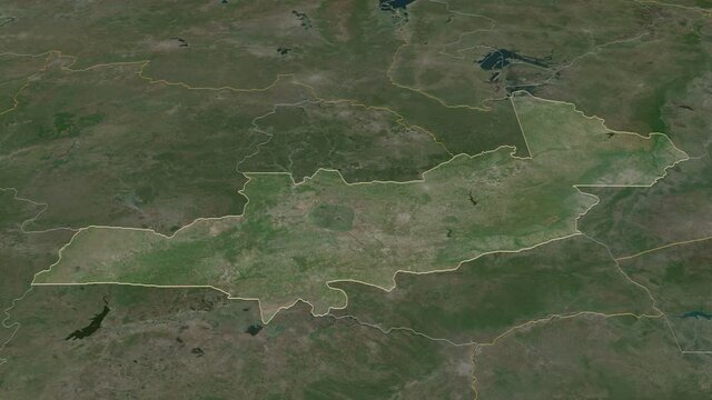 Central, province with its capital, zoomed and extruded on the satellite map of Zambia in the conformal Stereographic projection. Animation 3D