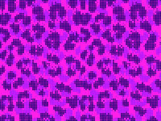 Leopard Vaporwave Violet pixel art style stains pattern design. Dotted Vector Illustration Background. Animal Fur. Violet, Cyan.