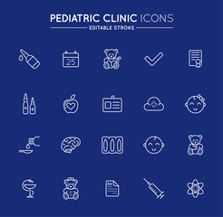 Outline icons set. Pediatric hospital clinic and medical care. Editable stroke. Vector.