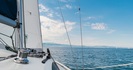 Sailing boat at open sea in summer, Lake Constance, Germany