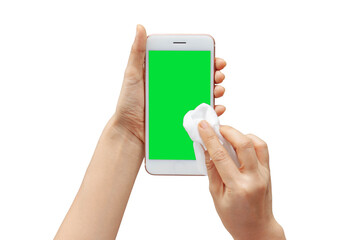Woman hand shows mobile smartphone with green screen in vertical position isolated on white background.