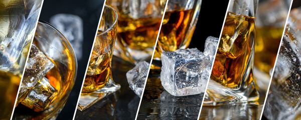 Collage with glasses whiskey or other alcohol, cubes ice