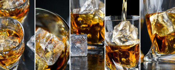 Collage with glasses whiskey or other alcohol, cubes ice