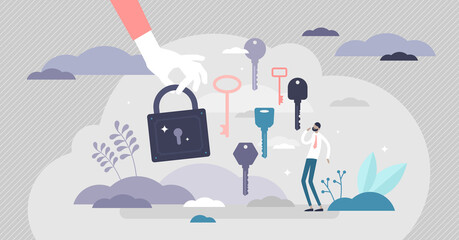 Finding the right key scene vector illustration ir flat tiny person concept