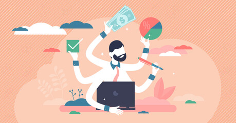 Busy entrepreneur vector illustration. Multitasking flat tiny person concept