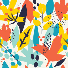 Seamless pattern with hand painted flowers and leaves in bright colors. Floral organic background. Hand drawn vector illustration for creating fabrics, greeting cards, wrapping paper, packaging.