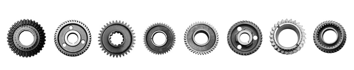 Metal gears isolated on white background collage. Steel industrial gears banner with copy space for text. - obrazy, fototapety, plakaty