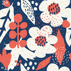 Fototapeta premium Seamless pattern with hand painted flowers and leaves in bright colors. Floral organic background. Hand drawn vector illustration for creating fabrics, greeting cards, wrapping paper, packaging.