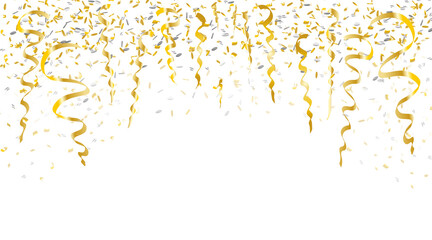 Vector graphics of falling gold and silver confetti on white background.Gold texture,decorative background for many applications.