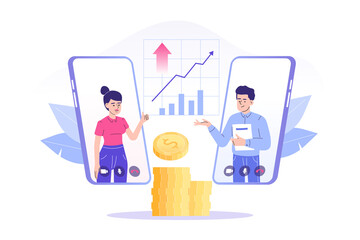 Online financial advisor service concept. Giving online financial consultation from smartphone. Finance and innovative mobile technology. Isolated modern vector illustration